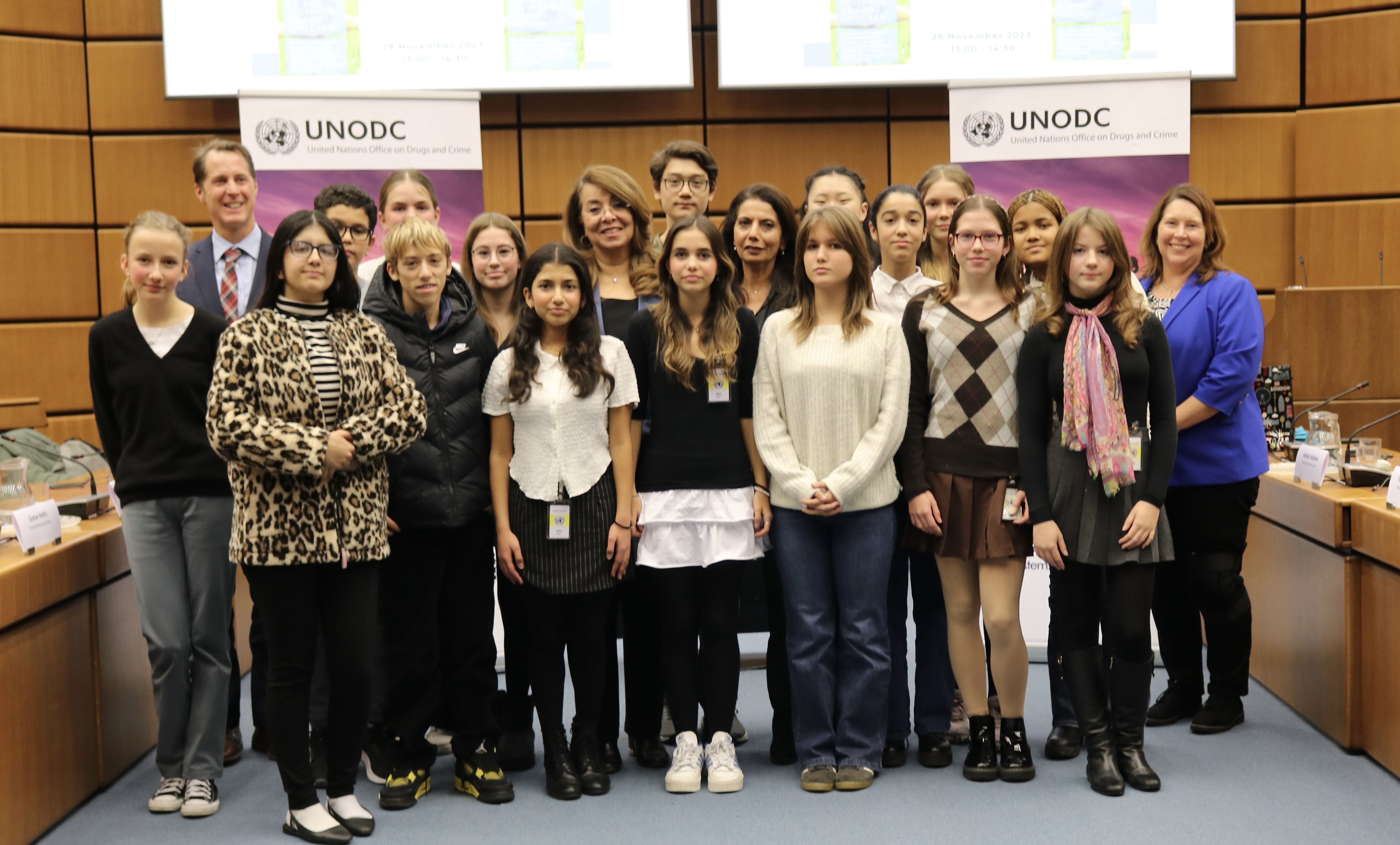 <em>Students of the Vienna International School with UNODC Executive Director Ghada Waly and the Special Representative of the Secretary-General on Violence against Children, Dr. Najat M'jid, at the launch of the Joint Strategy to End Violence against Children, 28 November 2023, Vienna.</em>